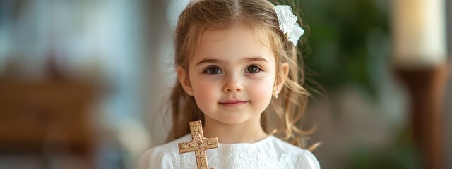 Beautiful girl with a cross in her hands. baptism.
