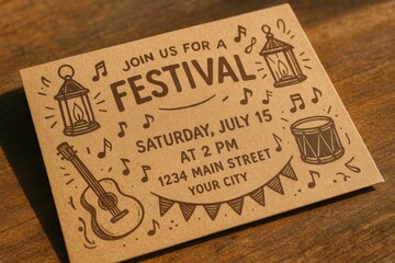 Festival invitation card with hand-drawn illustrations on brown kraft paper lying on wooden surface in warm light