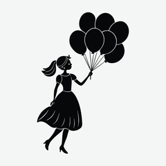 Silhouette of a girl with balloons, celebrating.