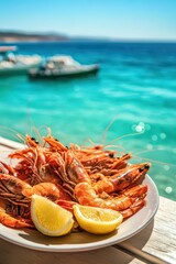 shrimp on a plate against the background of a swimming pool.