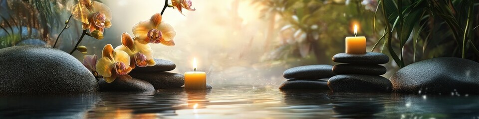 spa Background - purple orchids black stones and bamboo on water