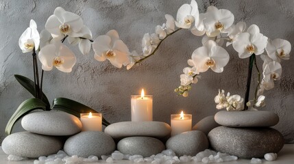 spa Background - purple orchids black stones and bamboo on water