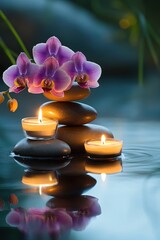 spa Background - purple orchids black stones and bamboo on water