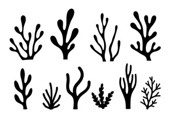 Fototapeta premium Seaweed coral silhouette black vector icon. Weed plant ocean reef fish underwater seaweed coral isolated design