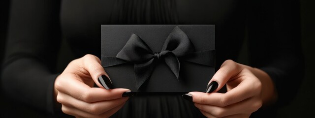 woman holding a gift certificate with a bow close-up.