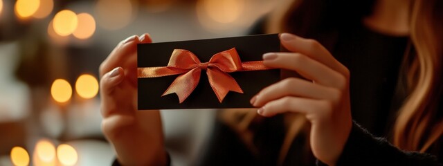 woman holding a gift certificate with a bow close-up.