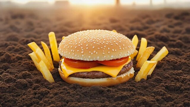 Surreal nature scene where a cheeseburger blooms earth flower, golden fries grow like plants around it, hyperreal macro lens, soft morning light, time-lapse style, magical realism