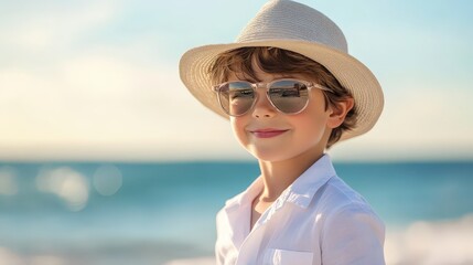 Handsome boy on the background of the sea in glasses. vacation.