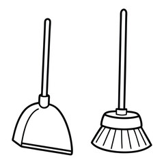 Simple Line Art Illustration of a Dustpan and a Broom.