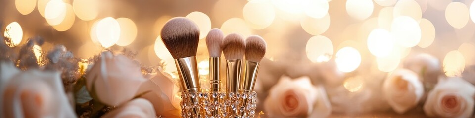 Beautiful Elegant makeup brushes in a beautiful glass with stones.