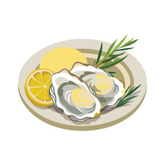 Two Oysters with Lemon and Herbs on a Plate.