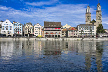 Old town Zurich center with Grossmunster churh and river Limmat, Switzerland
