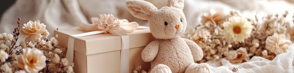 beautiful gift box and flowers and a soft bunny.gift