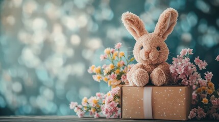 beautiful gift box and flowers and a soft bunny.gift