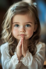 Fototapeta premium First communion of a girl, in a white dress. Baptism.