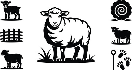 Solid black silhouette vector set on white background featuring sheep-themed icons: adult sheep, lamb, wool fleece, grazing sheep, sheep head profile, sheep footprints,