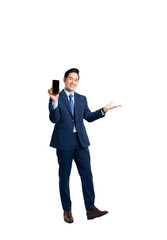Full body image of Asian male businessman , manager wearing a suit using phone and posing on a PNG background	
