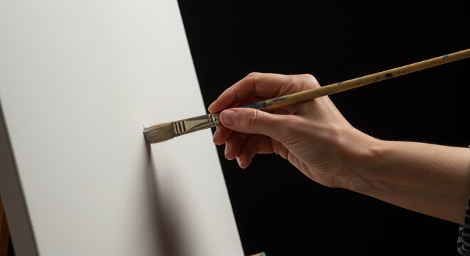 a hand with a brush touching a blank white canvas. A symbol for starting a project, an empty space, 
