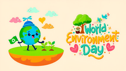 Colorful cartoon Easter greeting card illustration with a chicken and eggs on a spring landscape with flowers, grass, and a rainbow sky