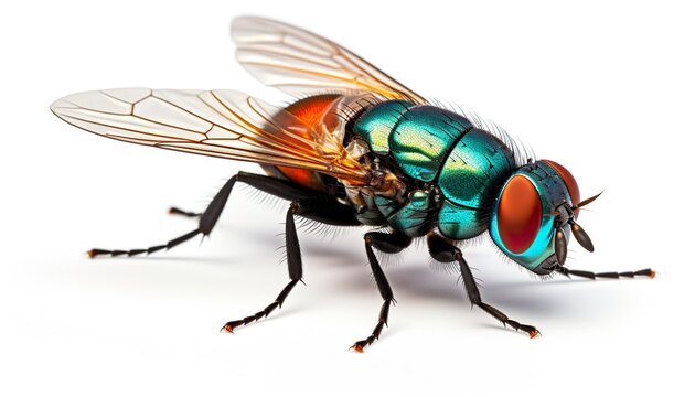  Blue bottle fly with orange-bearded or bottlebee, Calliphora vomitoria, isolated on white, side view