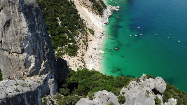 Cala Goloritze coast in Sardinia, Italy. Baunei in Ogliastra province of Sardinia island. Drone point of view.