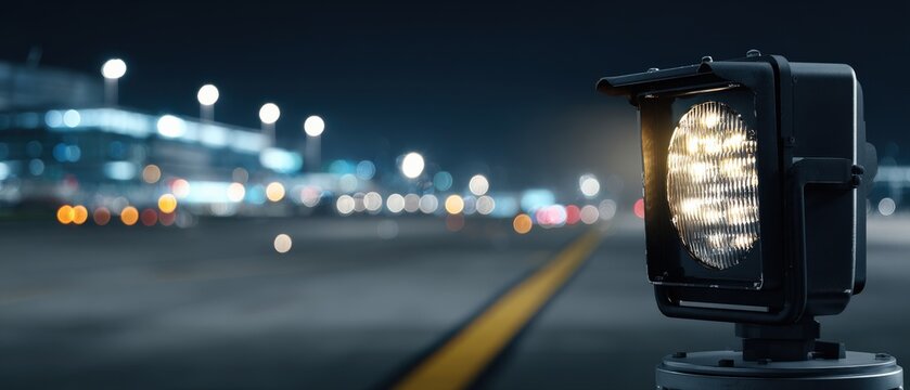 Airport runway edge light at night, providing guidance for aircraft during takeoff and landing Concept of aviation safety, air travel, and transportation infrastructure