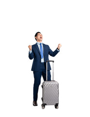 Full body image of Asian business man , manager wearing a suit ,pull suitcas and posing on a PNG background	
