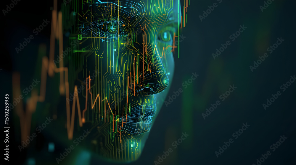 Poster ai hybrid face: a futuristic portrait of a person merging with technology, circuits and data streams