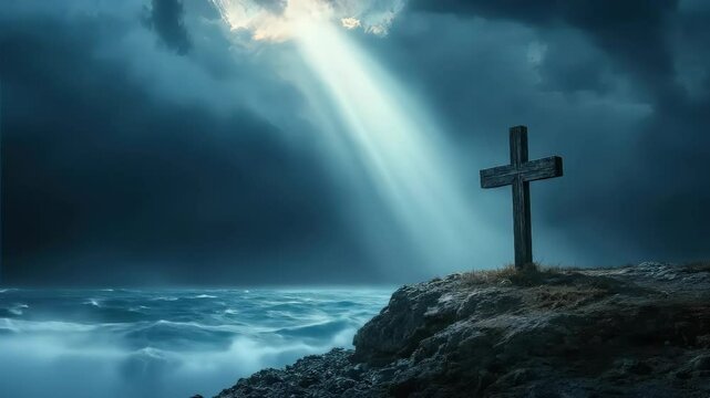 Ocean Waves Crashing Below Cliffside Cross with Dramatic Sky