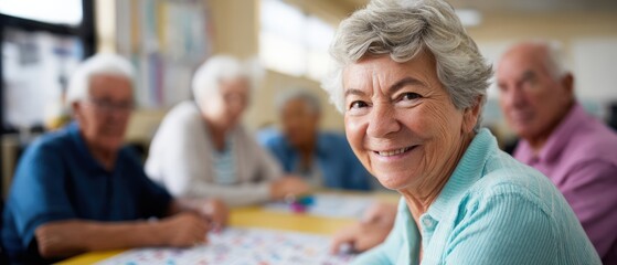 Smiling senior woman enjoying bingo game with friends at a community center, fostering social connection and cognitive stimulation in retirement