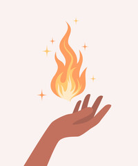 Hand with brown skin tone holding a flame above an open palm. Flat vector illustration