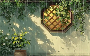 Rainy hexagonal window: Green vines cascade with sunlight filtering through. Anime-style warm serene moment, nature immersion, raindrop texture backdrop.