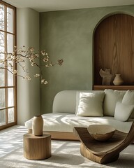 Pistachio whisper wall featured in a morning-lit Japandi lounge with calm green and warm woods Light Retro Japandi Blend Pistachio Pastel Botanical Interiors