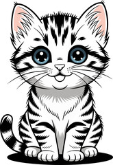 Cute Cartoon Kitten with Big Blue Eyes Sitting and Smiling – Vector Illustration