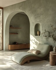 Pistachio whisper wall in a mindful design space with curved forms, slow materials, and balanced light Light Retro Japandi Blend Pistachio Pastel Botanical Interiors