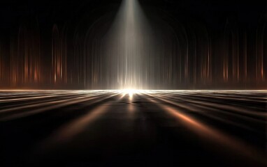 Luxury Gold Stage Lighting: Minimalist Linear Shadows on Dark Floor, Symmetric Low-Saturation Contrast with Mysterious Depth