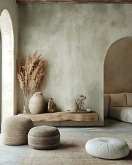 Pistachio whisper wall layered with handcrafted ceramics, bamboo textures, and linen poufs Light Retro Japandi Blend Pistachio Pastel Botanical Interiors