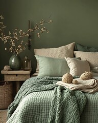 Pistachio whisper wall styled with tone-on-tone pastel pillows and structured soft textures Light Retro Japandi Blend Pistachio Pastel Botanical Interiors