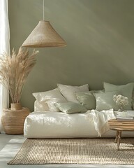 Pistachio whisper wall styled with tone-on-tone pastel pillows and structured soft textures Light Retro Japandi Blend Pistachio Pastel Botanical Interiors