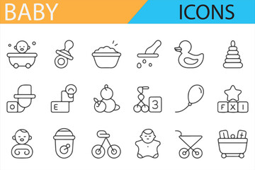 Baby Toys, Bottles, and Gear Icons for Family and Baby Projects