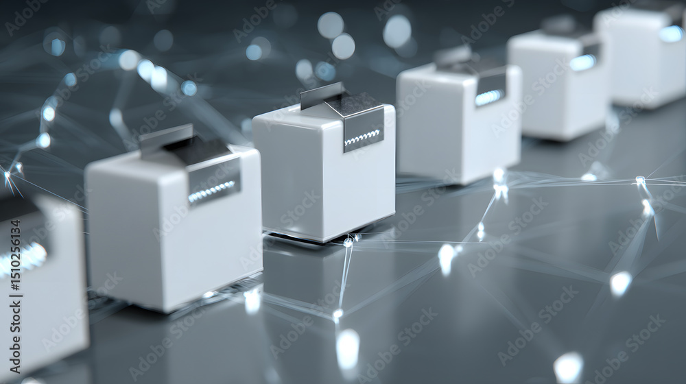 Poster data processing cubes: futuristic composition of aligned data processing cubes, interconnected by gl