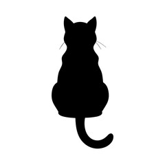 Silhouette of a Sitting Cat from Behind on White Background


