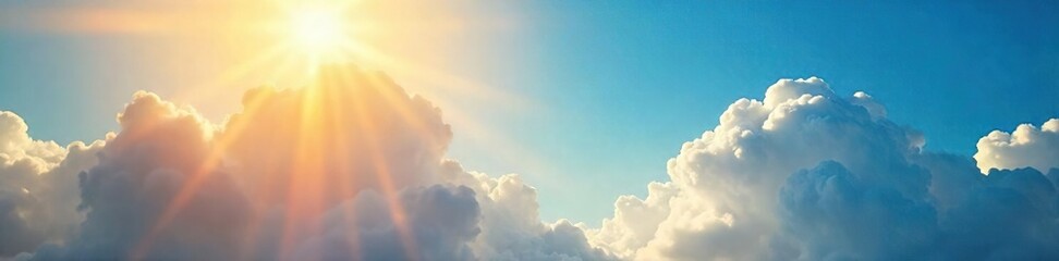 Obraz premium Golden sun rays bursting through fluffy clouds, illuminating a vibrant blue sky A breathtaking natural scene perfect for backgrounds or illustrating sunny weather , landscape, day