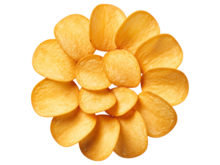 Golden potato chips arrangement, isolated on transparent background, top view