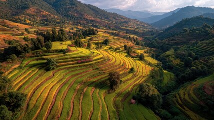 General view of terraced farm land in harvest season 