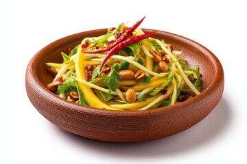A vibrant, fresh mango salad garnished with chili and peanuts in a rustic wooden bowl, perfect for a healthy meal.