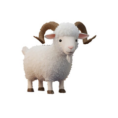 Adorable 3D Render of a Fluffy White Goat with Majestic Curving Horns A Charming Digital Creation, Islamic festival, Bakra Eid Mubarak, Eid al adha