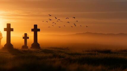 Misty graveyard sunrise with birds flying over stone crosses, golden fog and soft light, theme of peace and freedom, cinematic landscape photo