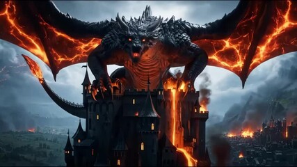 Epic fantasy dragon with lava wings attacking a medieval castle - Powered by Adobe