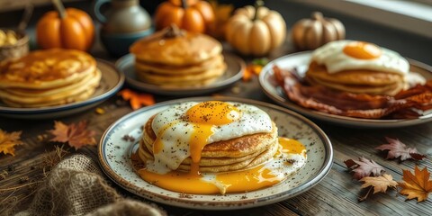 Fall Harvest Breakfast: Pancakes, Eggs, and Bacon on Rustic Table